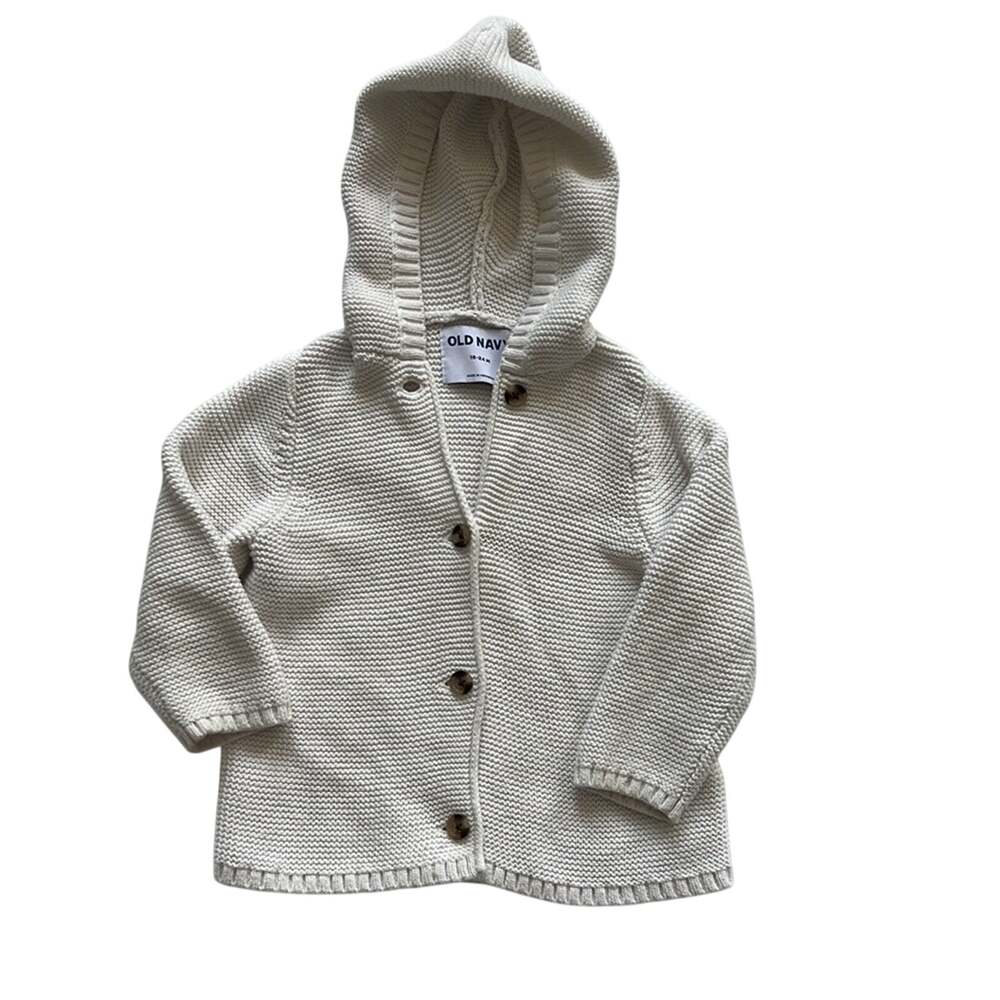 Toddler Old Navy White Cardigan Knit Hooded, 100% Cotton Long Sleeves